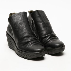 Fly London YIP Black Leather Platform Wedge Boots Size 39 or 8/8.5